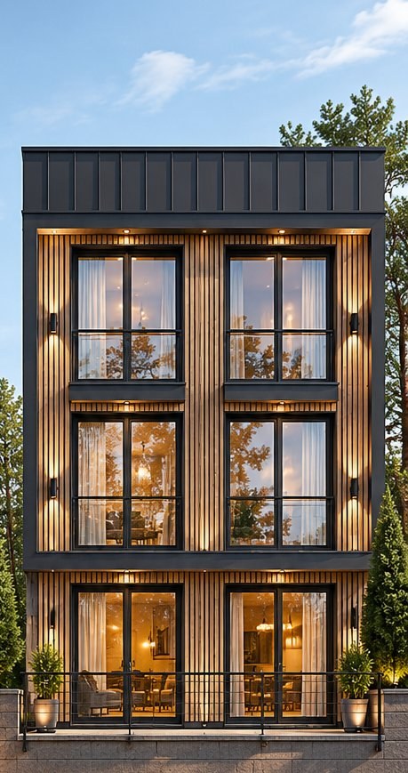 Tornik View residence — south façade with vertical timber cladding and floor-to-ceiling glass at dusk